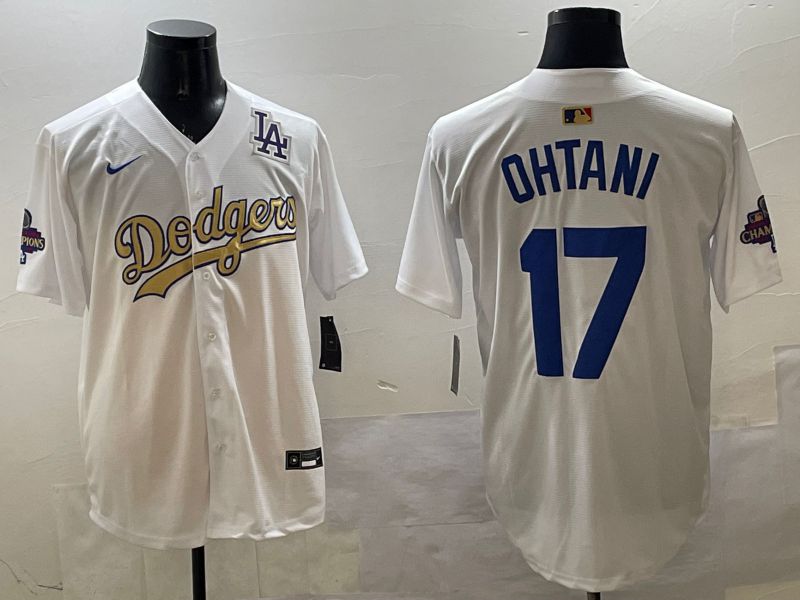 Men Los Angeles Dodgers 17 Ohtani White Champion gold character 2025 Nike MLB Jersey style 33113